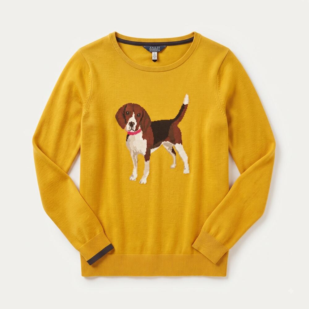 Joules Womens US 8 Preppy Twee Cottagecore Miranda Intarsia Beagle Dog Sweater